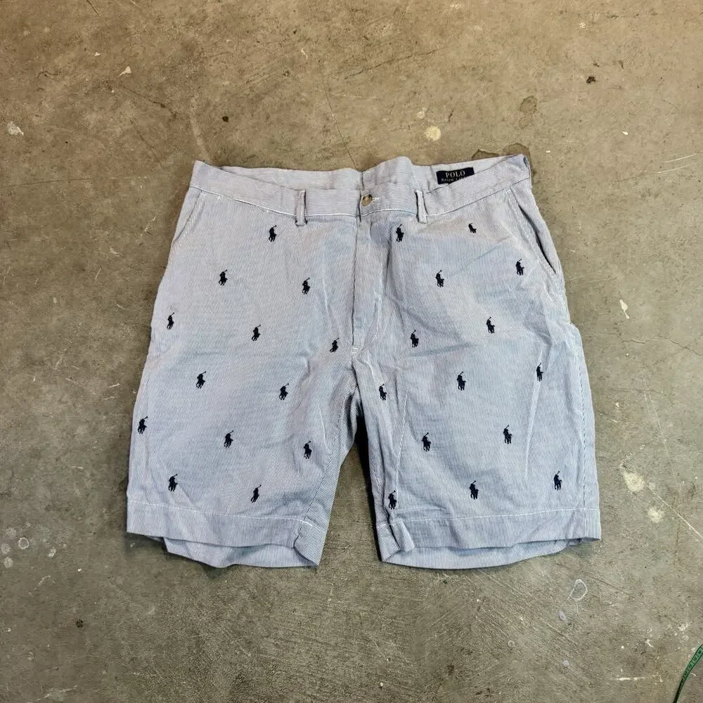 Polo Ralph Lauren Shorts Size 40 All Over Pony Seersucker Striped Classic Blue